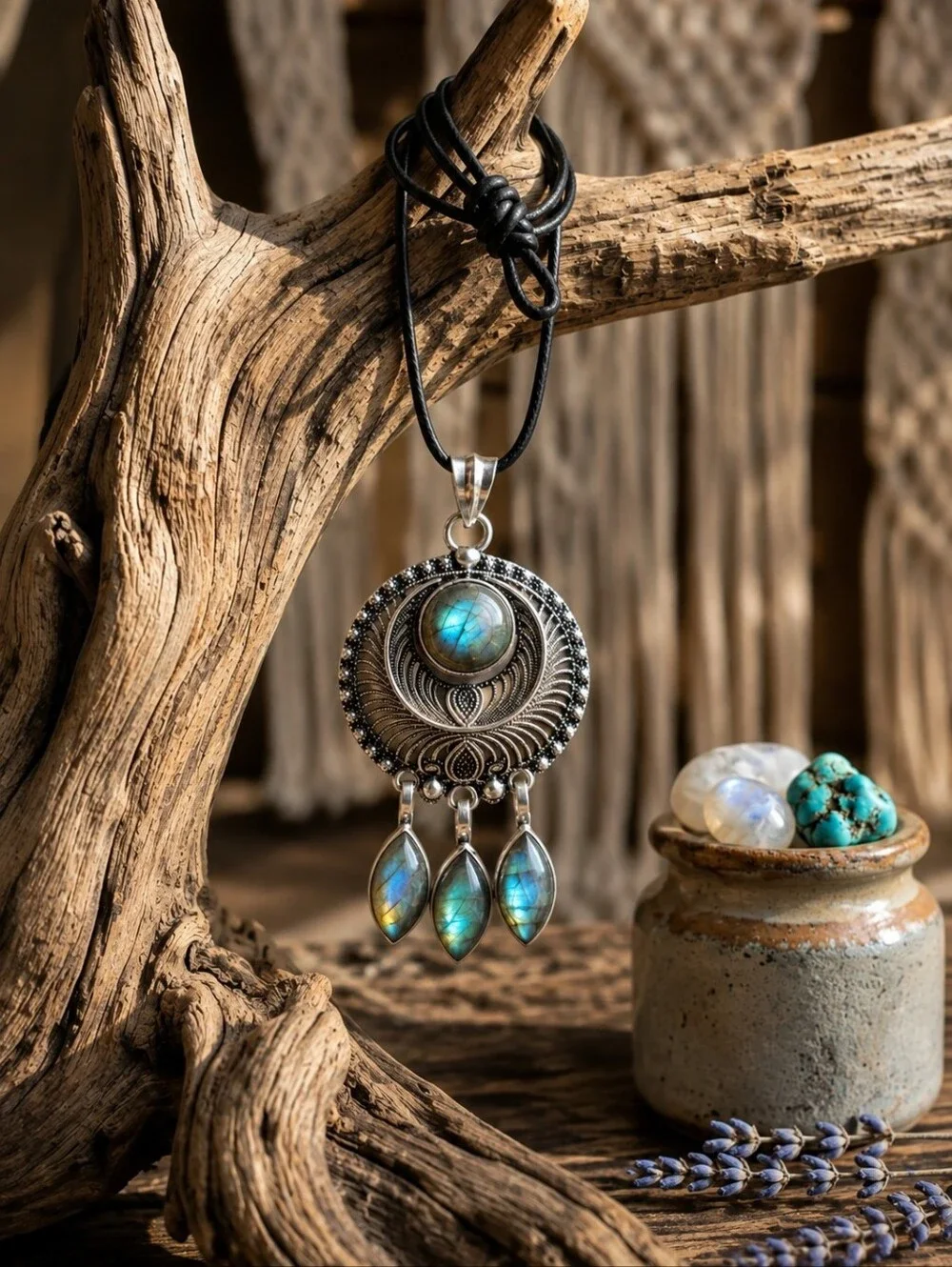 Sterling Silver Labradorite Mandala Dreamcatcher Medallion Pendant Necklace Boho